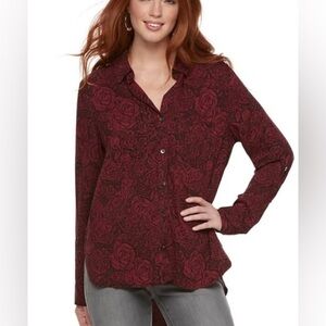 Rock & Republic Floral Burgundy Red Button-Up Hi-Low Blouse